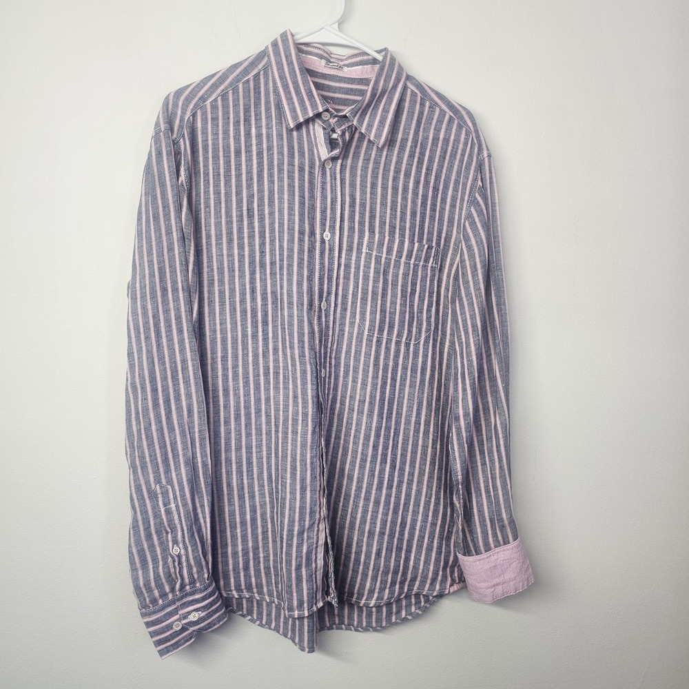 Bugatchi Shaped Fit‎ 100% Linen Button Front Shirt Pink Contrast Cuff Men Medium